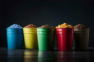 a row of colorful cups with cereal in them. AI-Generated photo
