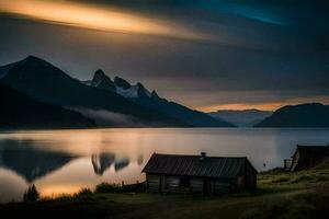 un cabina se sienta en el apuntalar de un lago a puesta de sol. generado por ai foto