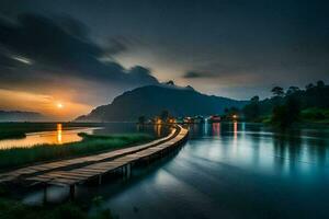 a wooden bridge over a river at sunset. AI-Generated photo