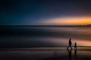 un hombre y niño caminando a lo largo el playa a puesta de sol. generado por ai foto