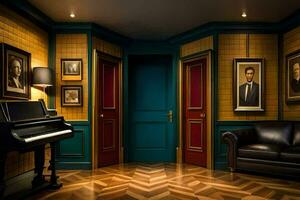 a room with a piano and pictures on the walls. AI-Generated photo