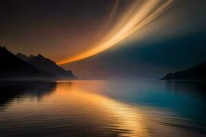 a long exposure photograph of a mountain range and lake. AI-Generated photo