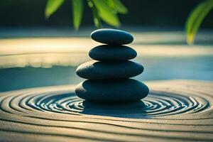 a stack of stones sitting on top of a wooden table. AI-Generated photo