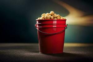 a red bucket filled with peanuts on a dark background. AI-Generated photo