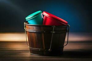 two red and blue buckets in a wooden bucket. AI-Generated photo