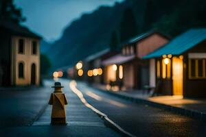 un pequeño Lego figura soportes en el medio de un calle. generado por ai foto