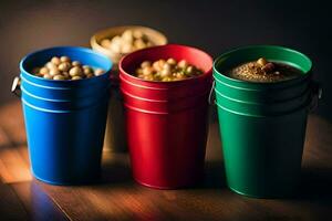 three colorful buckets with nuts and nuts in them. AI-Generated photo
