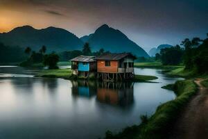 a small house sits on the edge of a river. AI-Generated photo