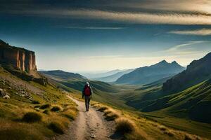 un hombre caminando en un sendero en el montañas. generado por ai foto