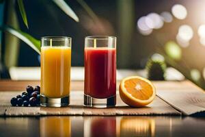 two glasses of orange juice and an orange on a table. AI-Generated photo