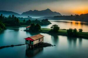 el casa en el río a amanecer. generado por ai foto