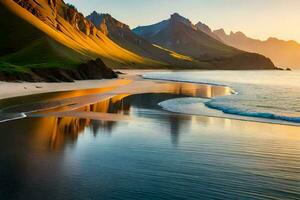 the sun is setting over the mountains and beach. AI-Generated photo