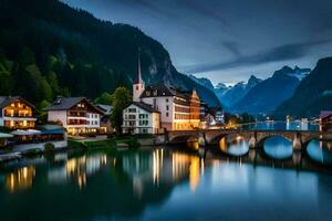 el pueblo de hallstatt, Austria. generado por ai foto