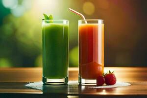 two glasses of juice with strawberries and strawberries. AI-Generated photo