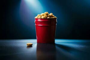 a red cup filled with peanuts on a dark table. AI-Generated photo