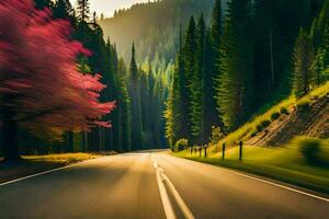 a road in the mountains with trees and pink flowers. AI-Generated photo