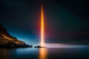 a long exposure photograph of a light beam shining over the ocean. AI-Generated photo