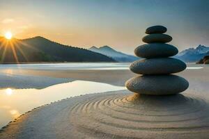 a stack of rocks in the sand at sunset. AI-Generated photo