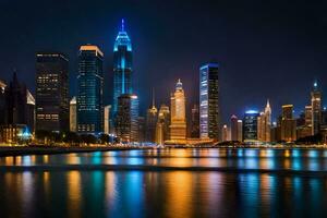 el ciudad horizonte a noche en Dubái generado por ai foto