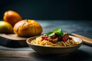 espaguetis con carne y vegetales en un bol. generado por ai foto