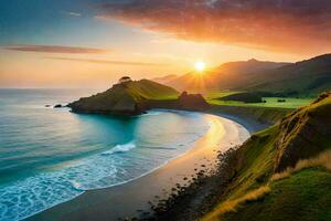 the sun rises over the ocean and the hills in this beautiful photo. AI-Generated photo
