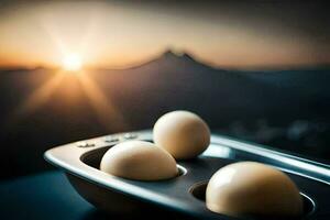 eggs in a pan with a mountain in the background. AI-Generated photo