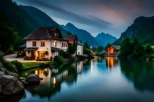 a house sits on the edge of a river at dusk. AI-Generated photo