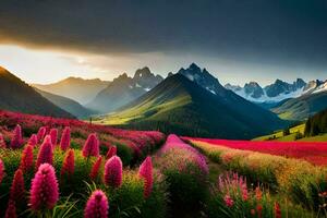 a beautiful field of pink flowers and mountains. AI-Generated photo