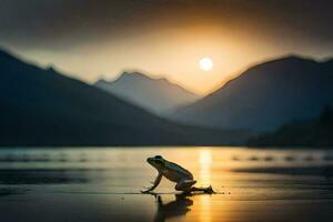 un rana es sentado en el apuntalar de un lago a puesta de sol. generado por ai foto