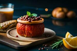 un tomate y un pan plato con un vaso de naranja jugo. generado por ai foto