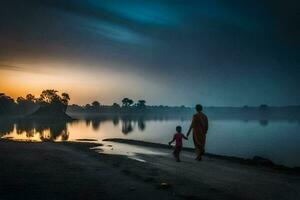 a man and a child walking along the shore at sunset. AI-Generated photo