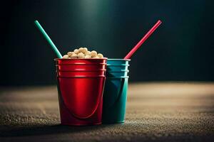 two cups of popcorn with straws on a table. AI-Generated photo