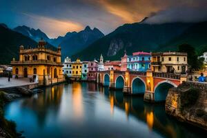 foto fondo de pantalla el cielo, montañas, puente, río, edificios, el ciudad, el puente,. generado por ai