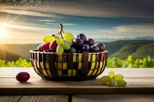 grapes in a basket on a table with a view of the mountains. AI-Generated photo