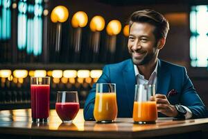 a man in a blue suit sitting at a bar with several glasses of juice. AI-Generated photo