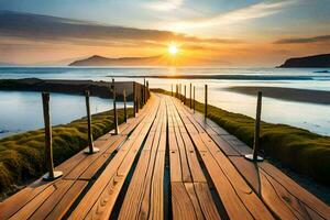 a wooden walkway leads to the ocean at sunset. AI-Generated photo