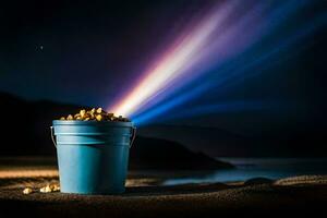 a bucket of popcorn on the beach with a light beam coming from it. AI-Generated photo