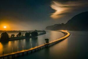 un largo exposición foto de un puente terminado un río. generado por ai