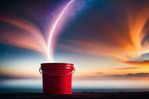 a red bucket with a star trail coming out of it. AI-Generated photo