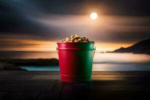 a bucket of peanuts on a wooden table with a full moon in the background. AI-Generated photo