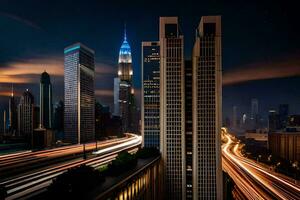 un ciudad a noche con tráfico luces y edificios generado por ai foto