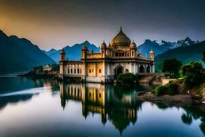 el hermosa palacio en el medio de el lago. generado por ai foto