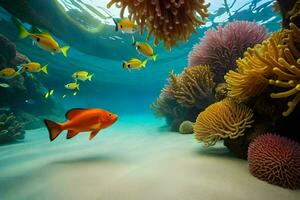 a fish swimming in the ocean with coral and anemones. AI-Generated photo