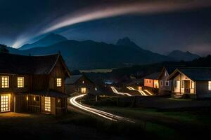 un pueblo a noche con luces en el la carretera. generado por ai foto