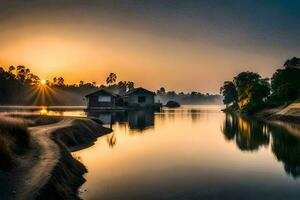 the sun rises over a river and a house. AI-Generated photo