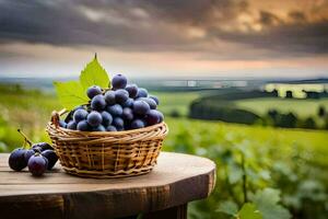 grapes in a basket on a wooden table. AI-Generated photo