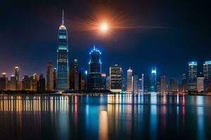 el ciudad horizonte a noche en Dubái generado por ai foto