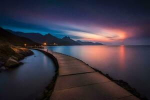 a long exposure photograph of a path leading to the ocean. AI-Generated photo