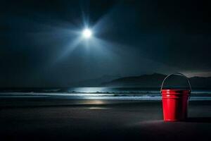un rojo Cubeta se sienta en el playa a noche. generado por ai foto