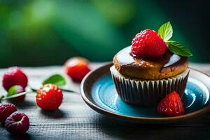 a cupcake with berries and mint on a wooden table. AI-Generated photo